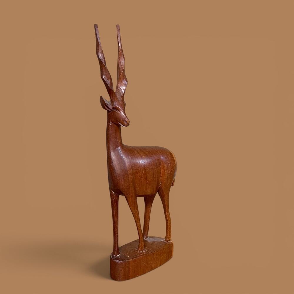 Vtg. Teak Gazelle Figurine Mid-Century Hand-Carved Decor 60s Retro Switzerland